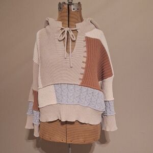POL Women's V-Neck Patchwork Sweater - Cream, Brown, Gray